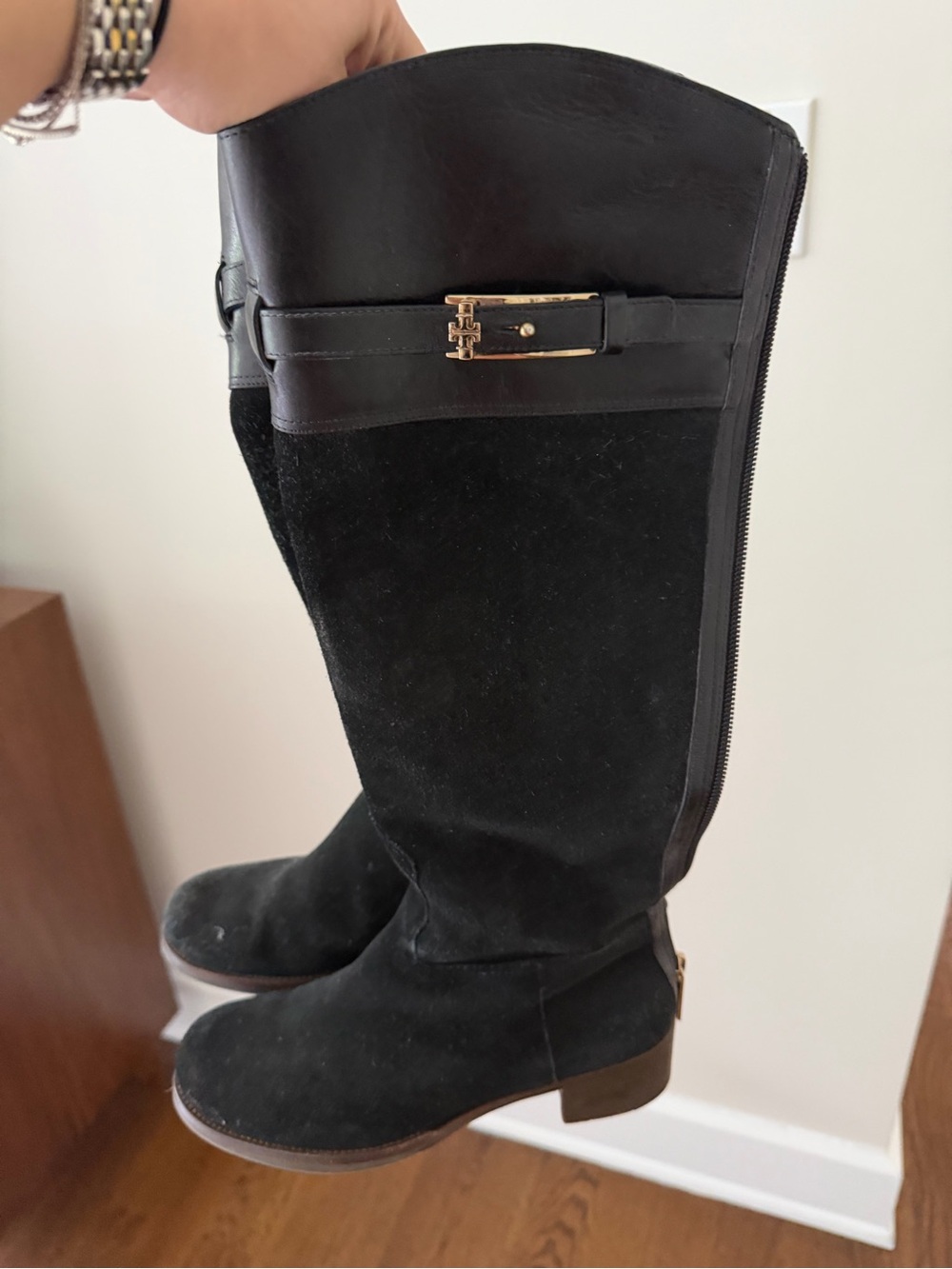 Tory Burch Black Suede & Leather Knee-High Boots